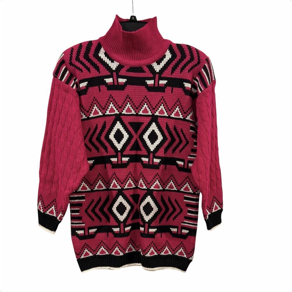 NWT Retro 80s Michael Carrie Aztec Pink Black Pullover Mock Neck Women’s S